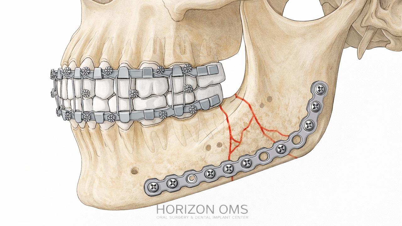 Illustration of jaw fracture fixation with plates and screws
