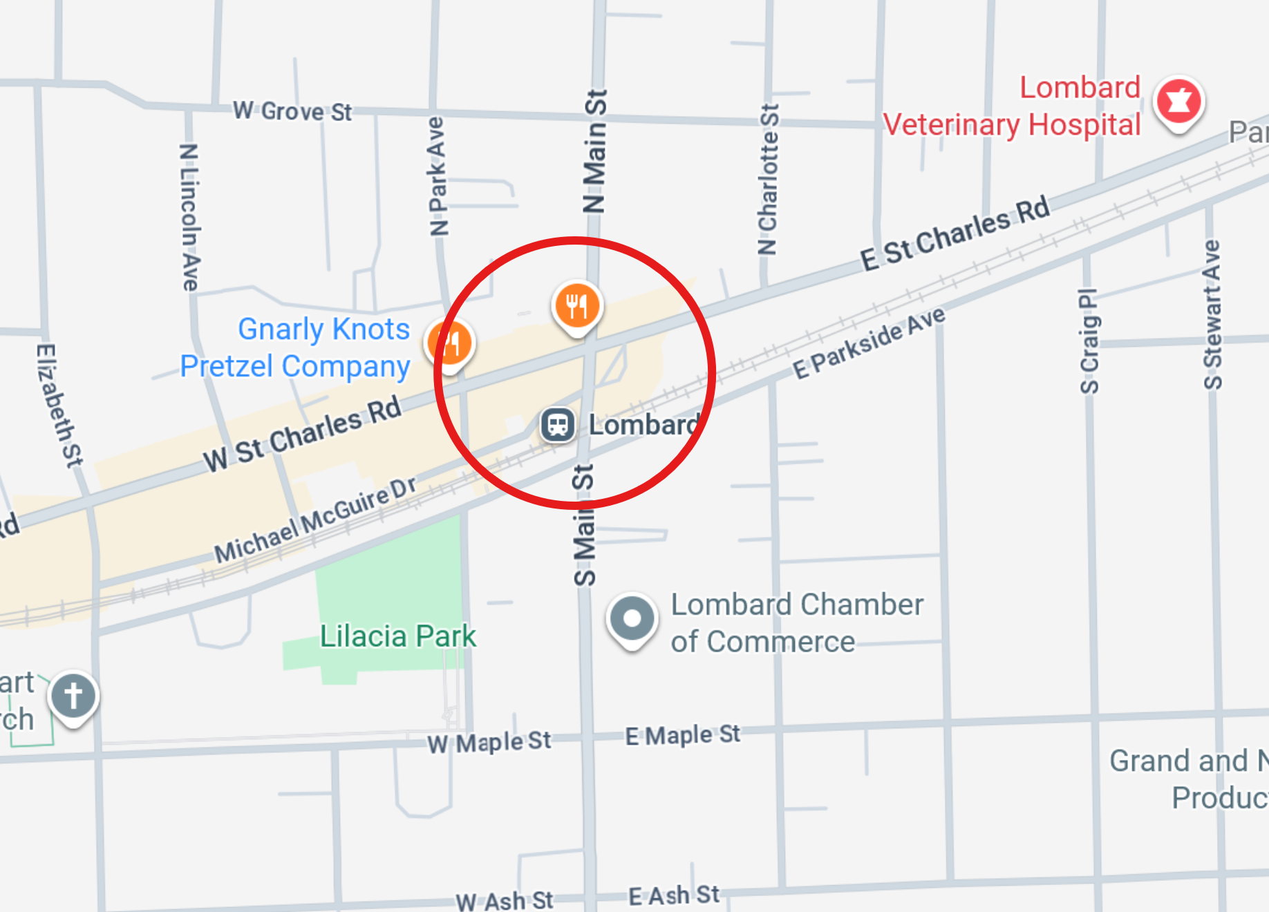 Map of downtown Lombard IL near Main Street and St Charles Road showing Horizon OMS location